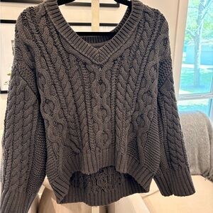 Maeve Charcoal Gray Cable Knit V-Neck Sweater